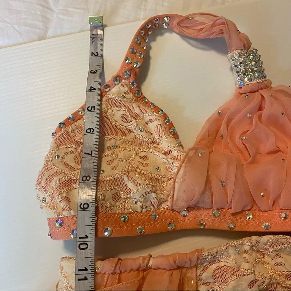 Custom made dance costume blush peach lace rhinestone 2 piece child IC/MC medium
